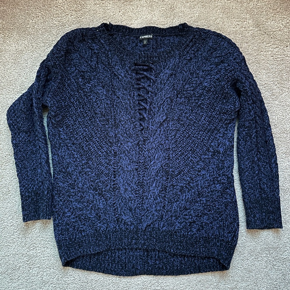 Express Blue Crew Neck Sweater Cable Knit with Braided Detail